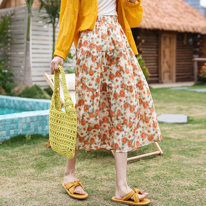 花柄ファッション 水彩風花柄ティアードロングスカート
