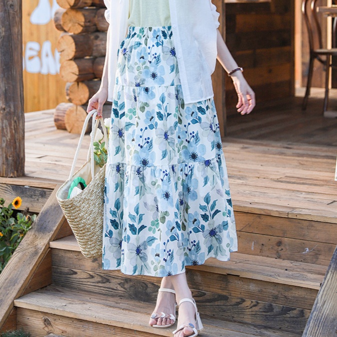 花柄ファッション 水彩風花柄ティアードロングスカート