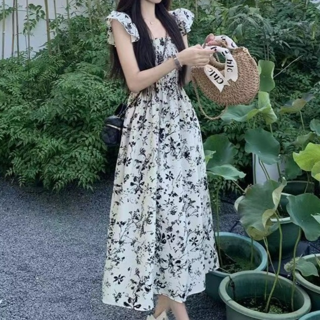 花柄ファッション 爽やか花模様 フリルショルダー ワンピース