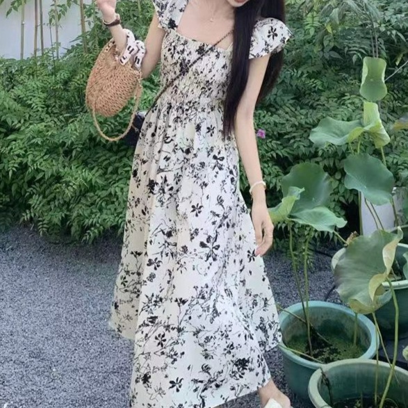 花柄ファッション 爽やか花模様 フリルショルダー ワンピース
