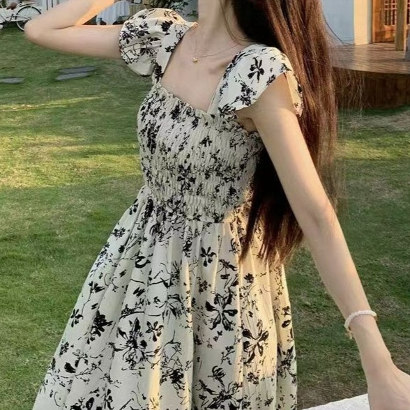 花柄ファッション 爽やか花模様 フリルショルダー ワンピース