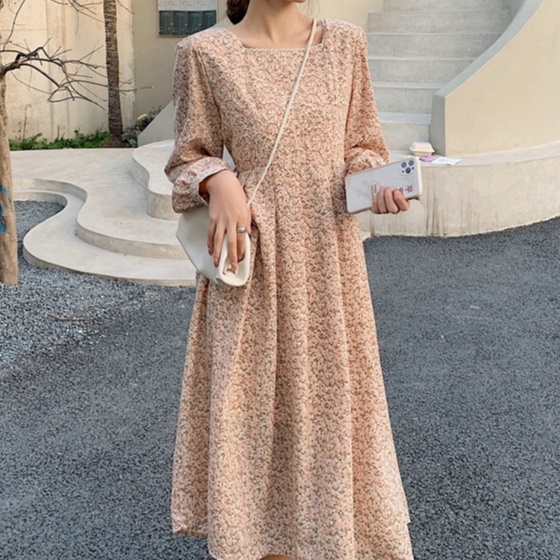 花柄ファッション 優美な小花柄 ミディ丈シャツワンピース