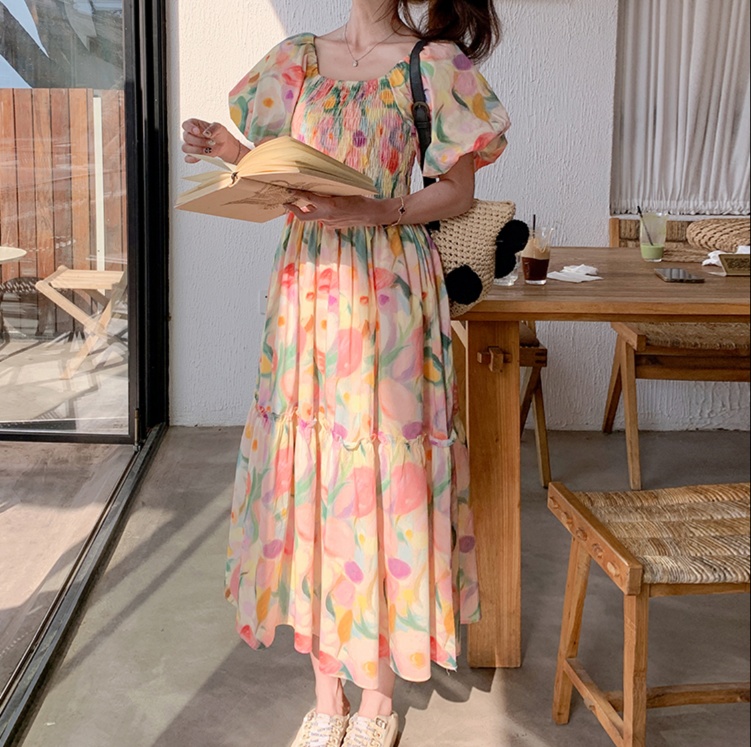 花柄ファッション 水彩風花柄ティアードマキシワンピース