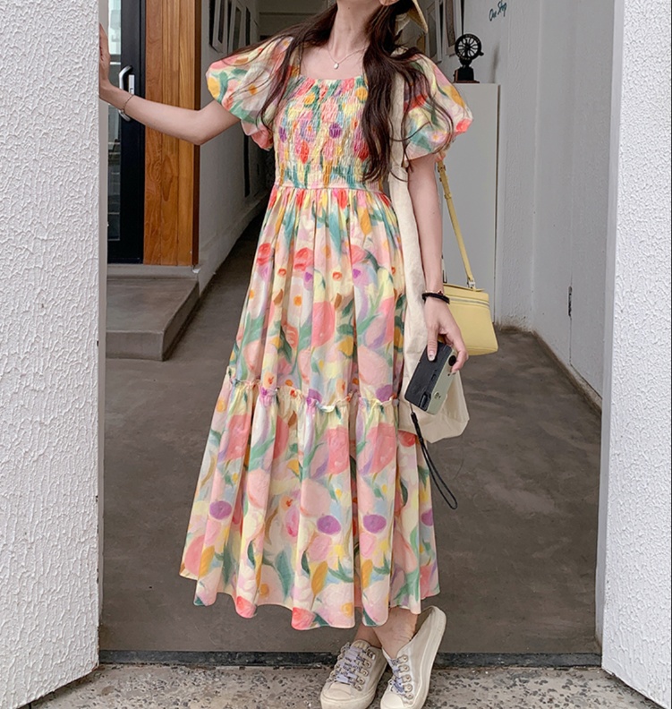 花柄ファッション 水彩風花柄ティアードマキシワンピース