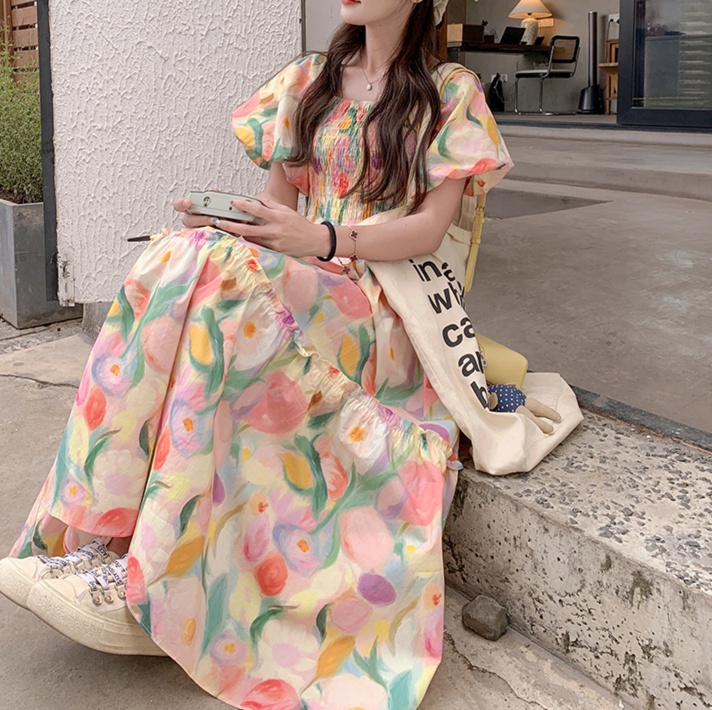 花柄ファッション 水彩風花柄ティアードマキシワンピース