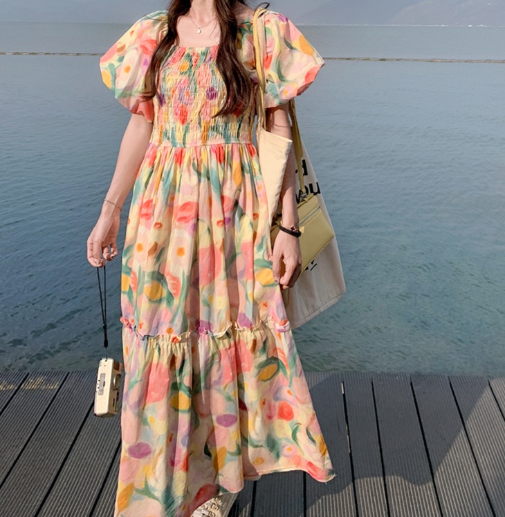 花柄ファッション 水彩風花柄ティアードマキシワンピース