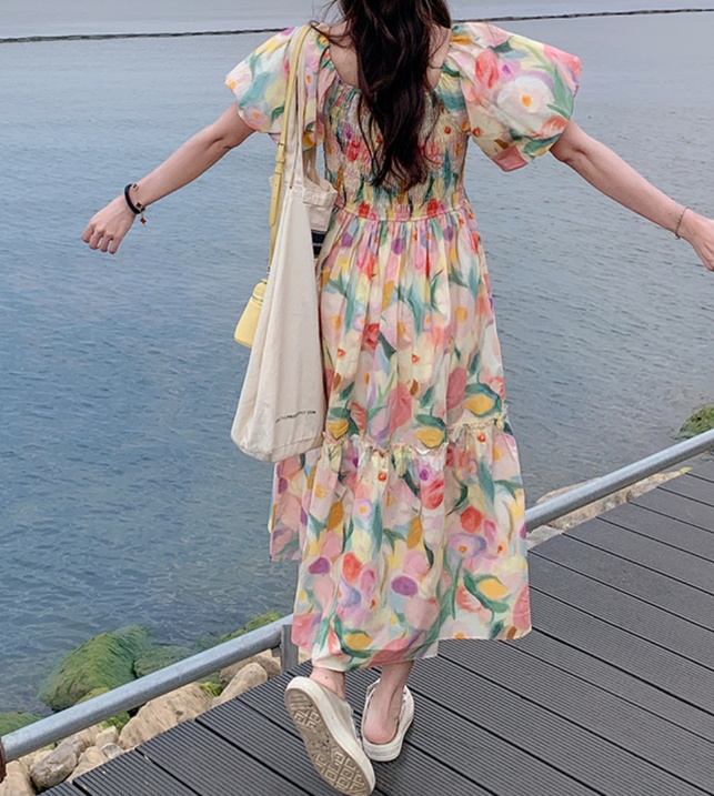 花柄ファッション 水彩風花柄ティアードマキシワンピース