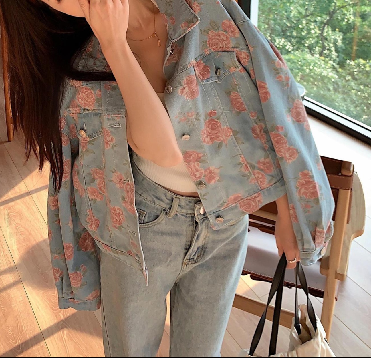 花柄ファッション バラ柄デニムジャケット