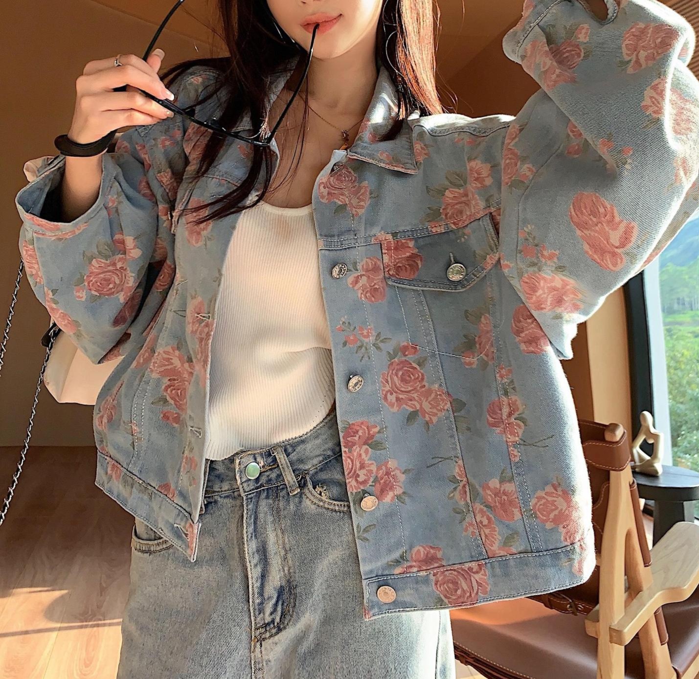 花柄ファッション バラ柄デニムジャケット