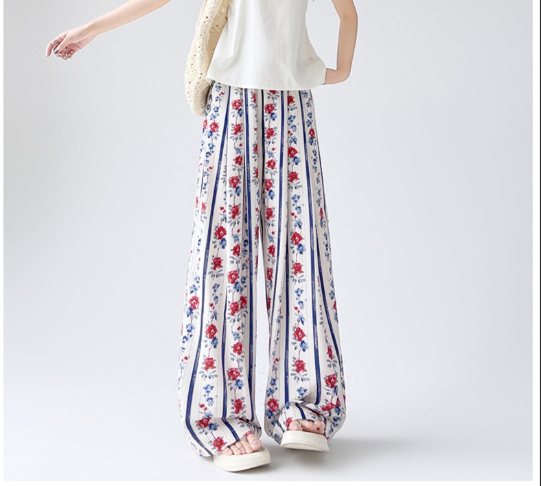 花柄ファッション 花柄縦ストライプ ゆったりパンツ