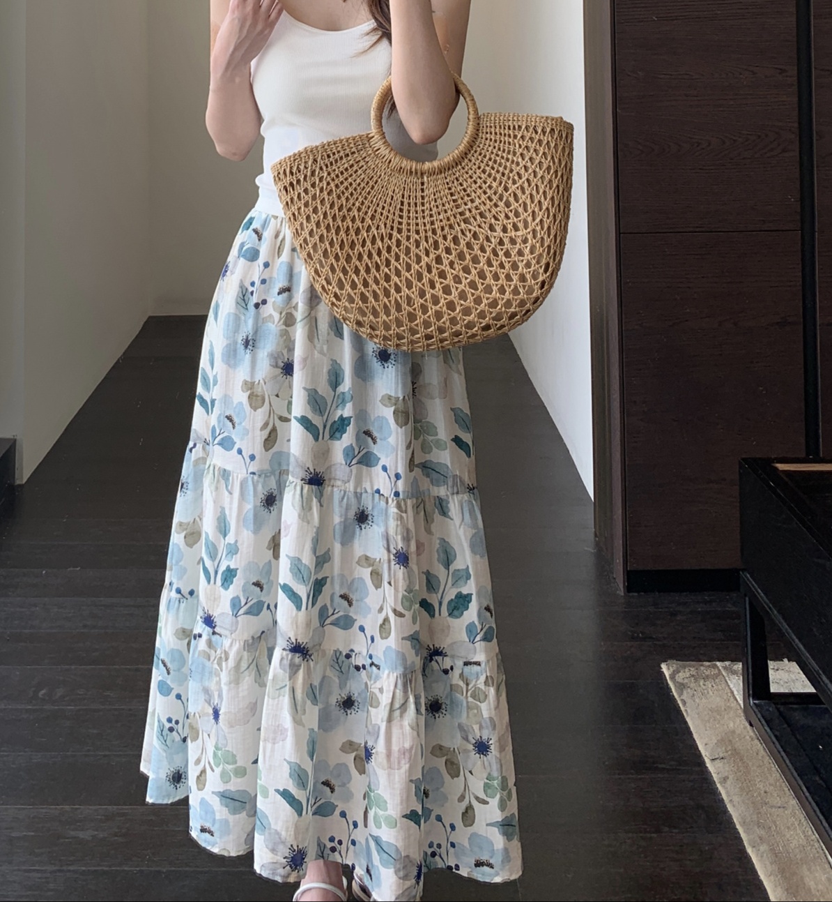 花柄ファッション 爽やか花柄ティアードマキシスカート