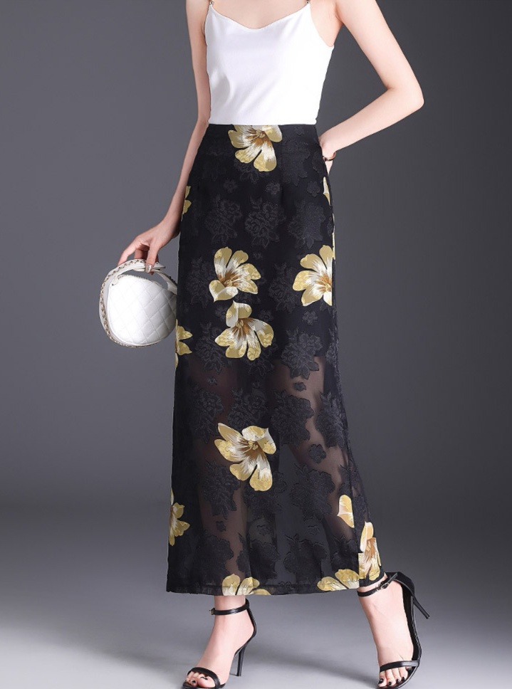 透かし花柄シースルーロングスカート