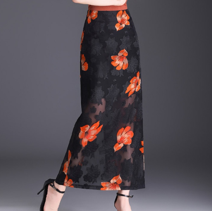 透かし花柄シースルーロングスカート