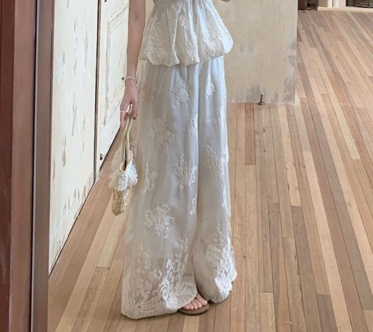 花柄ファッション 刺繍レースのロングパンツ