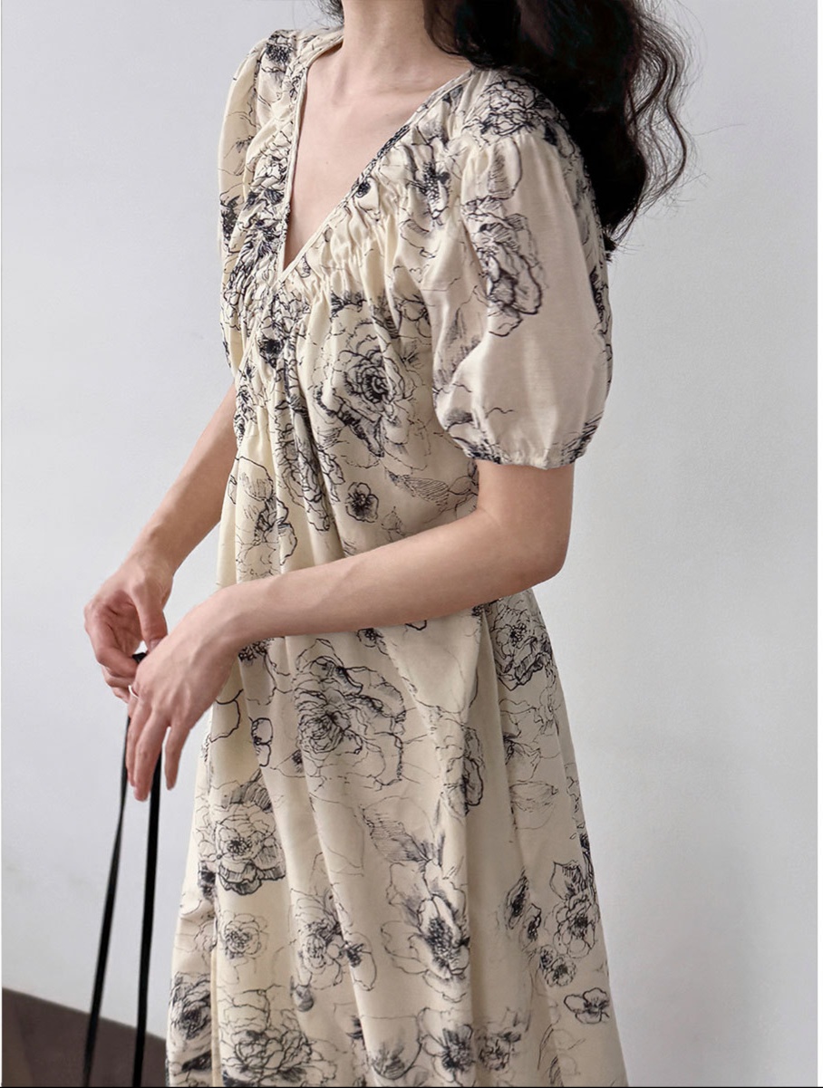 花柄ファッション Vネック花柄シャツワンピース