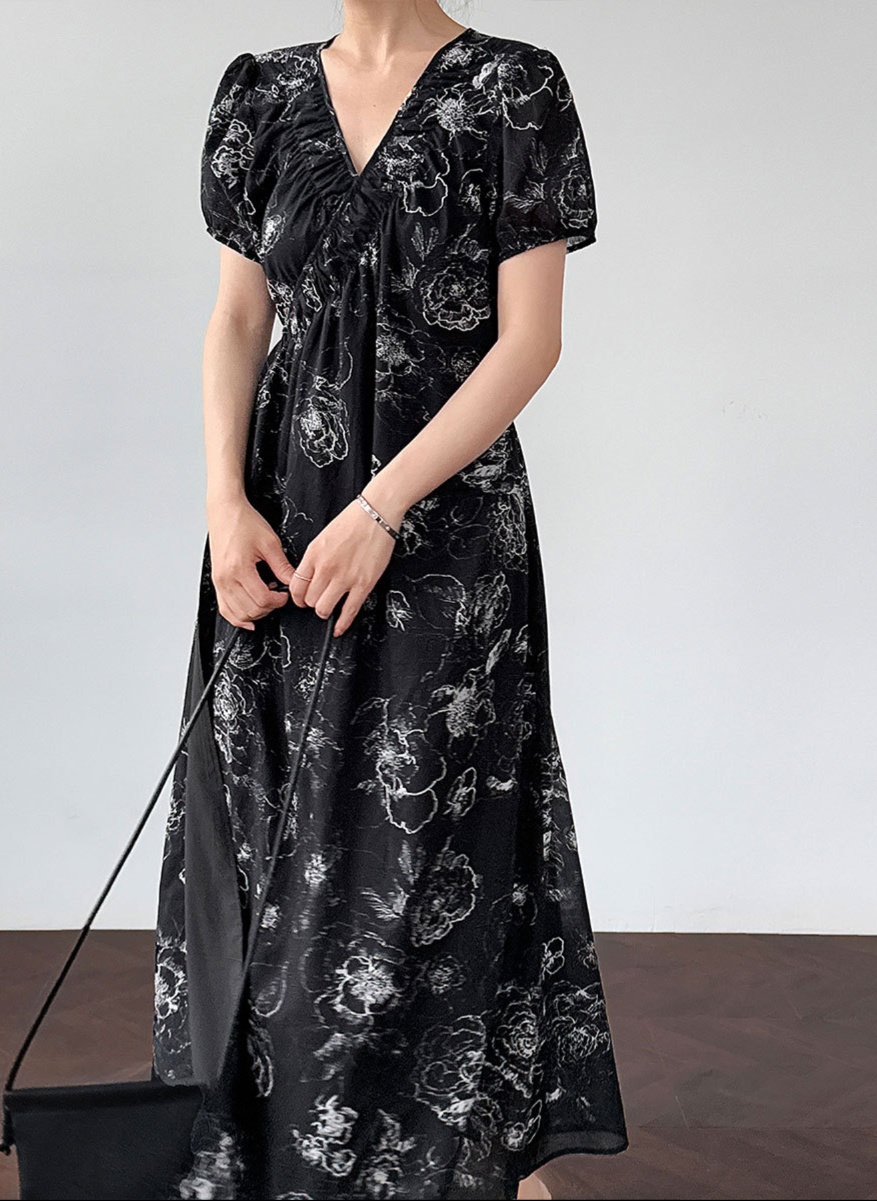 花柄ファッション Vネック花柄シャツワンピース