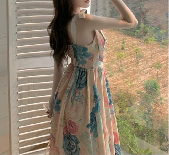 花柄ファッション リボン紐の水彩花柄サマードレス