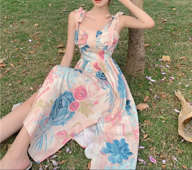 花柄ファッション リボン紐の水彩花柄サマードレス