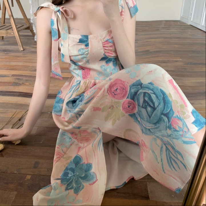 花柄ファッション リボン紐の水彩花柄サマードレス