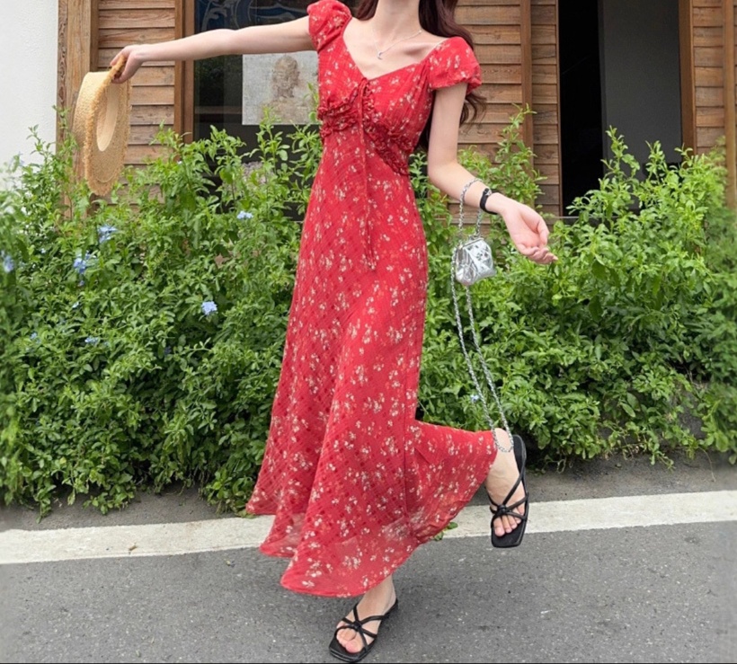 花柄ファッション 小花柄リボン付きマキシワンピース