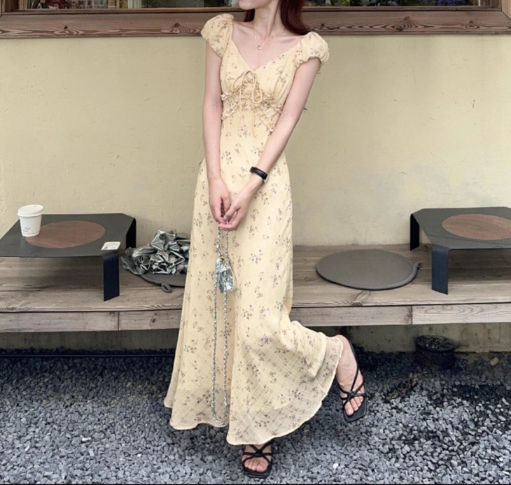 花柄ファッション 小花柄リボン付きマキシワンピース
