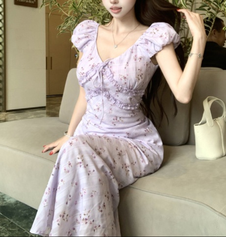 花柄ファッション 小花柄リボン付きマキシワンピース
