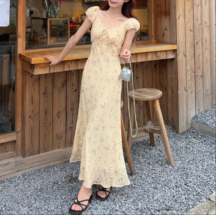 花柄ファッション 小花柄リボン付きマキシワンピース