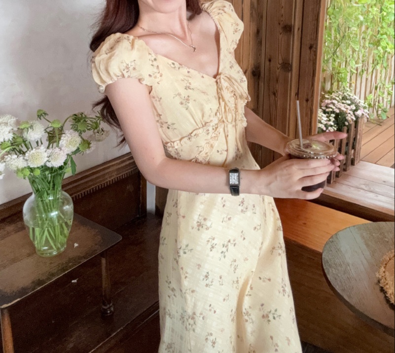花柄ファッション 小花柄リボン付きマキシワンピース
