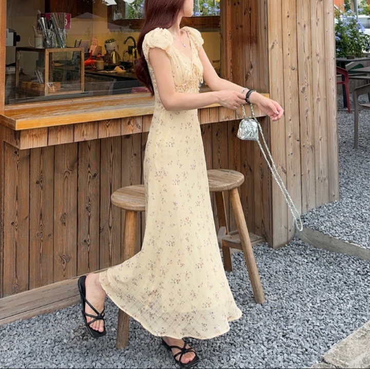 花柄ファッション 小花柄リボン付きマキシワンピース