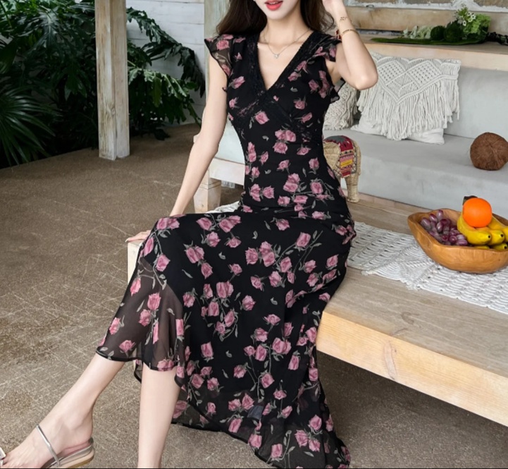 花柄ファッション エレガント花柄シフォンワンピース