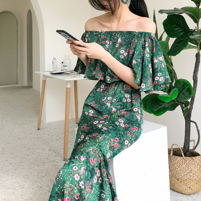 花柄ファッション 肩見せ華やかフローラルワンピース