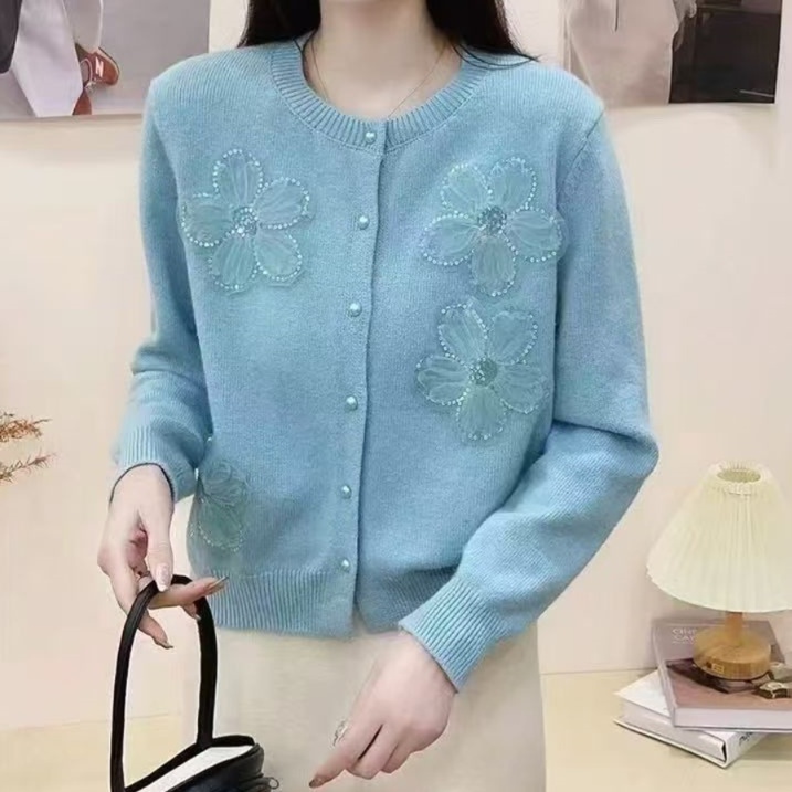 花柄ファッション 花びら装飾ニットカーディガン
