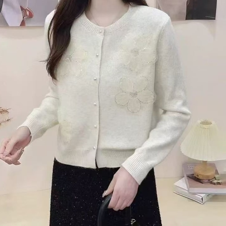 花柄ファッション 花びら装飾ニットカーディガン