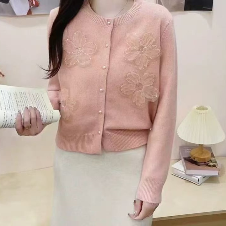 花柄ファッション 花びら装飾ニットカーディガン