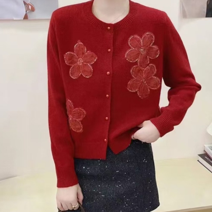 花柄ファッション 花びら装飾ニットカーディガン