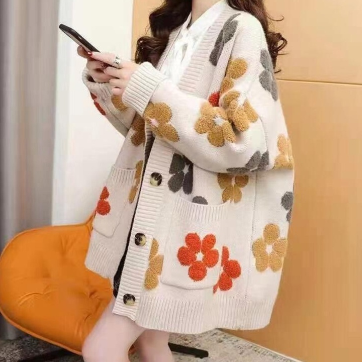 花柄ファッション 花束モチーフ ゆったりニットカーディガン