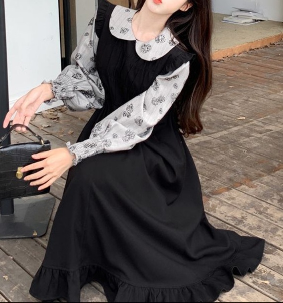 花柄ファッション 襟付き重ね着風ピンタックワンピース