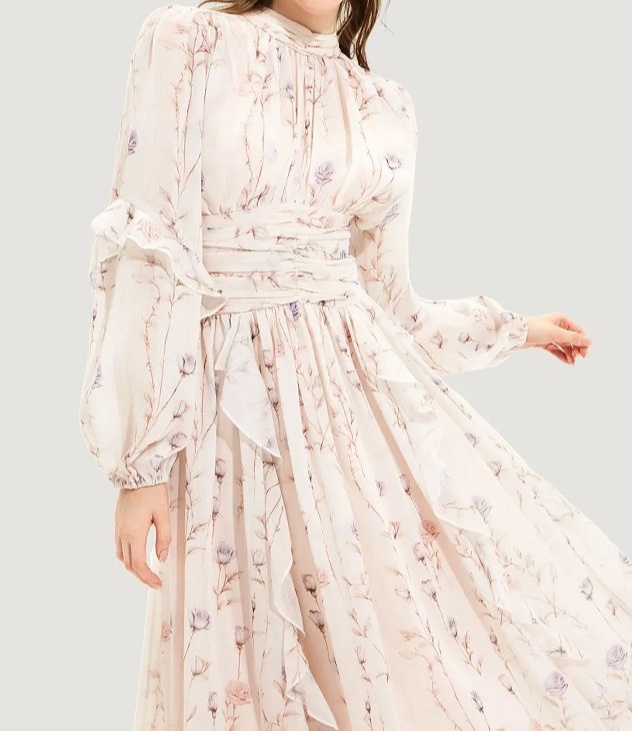 花柄ファッション 優美な花模様シフォンロングワンピース