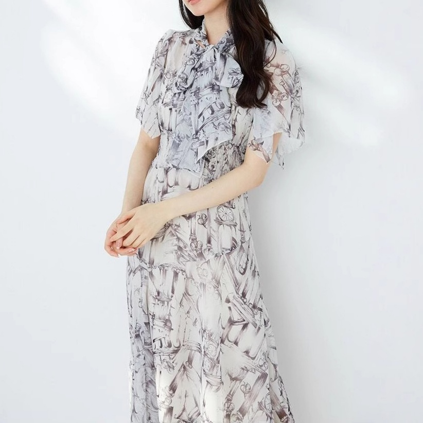 花柄ファッション 優美な襟リボン付き柄プリントシフォンワンピース