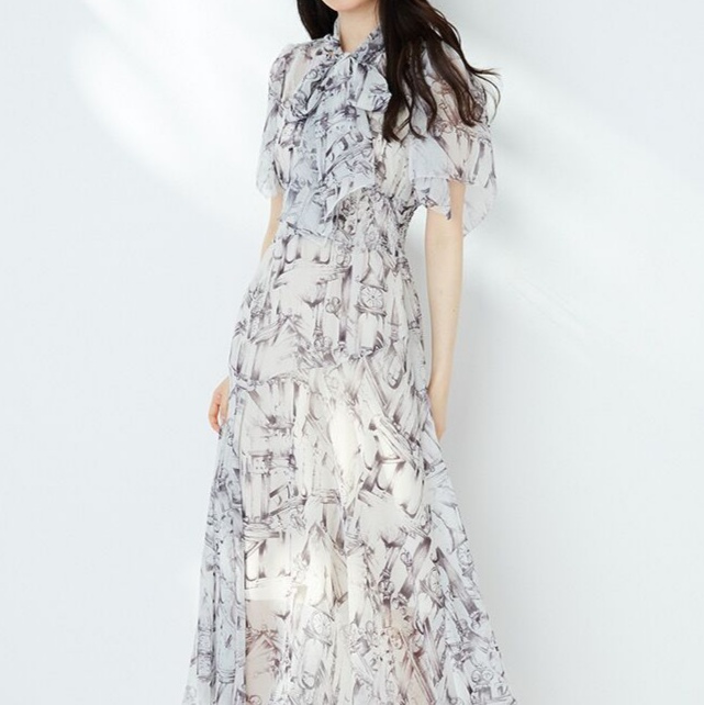 花柄ファッション 優美な襟リボン付き柄プリントシフォンワンピース