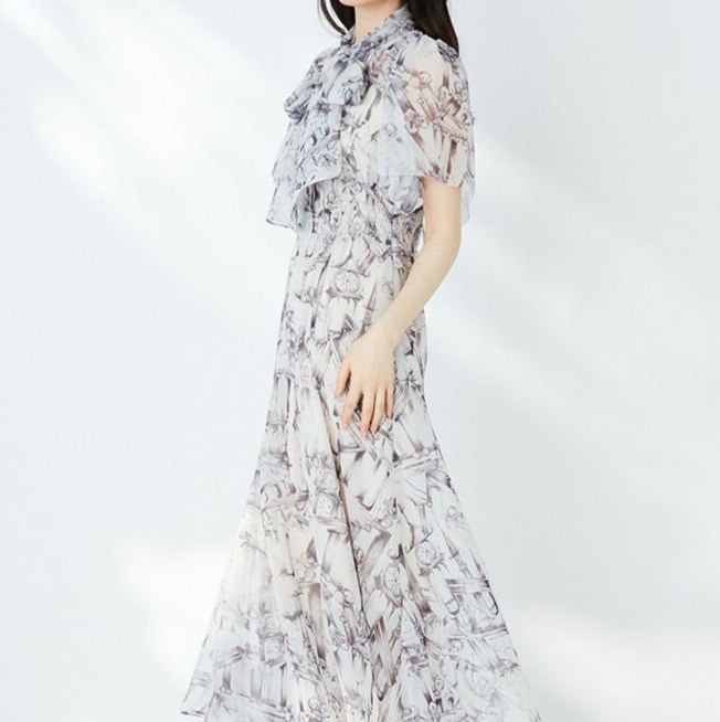 花柄ファッション 優美な襟リボン付き柄プリントシフォンワンピース