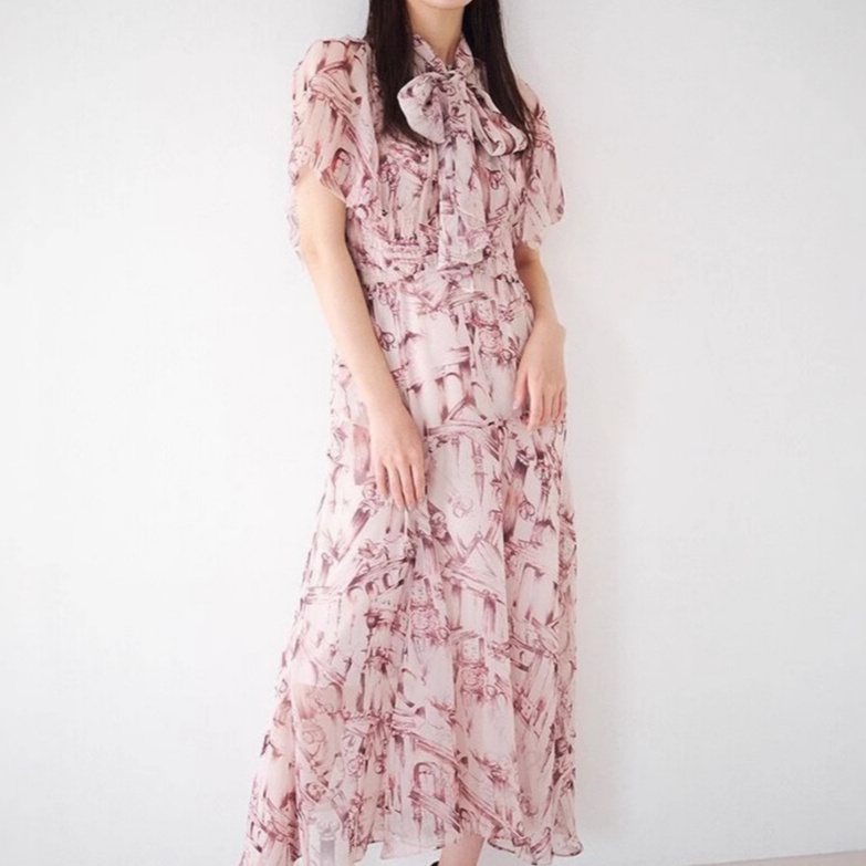 花柄ファッション 優美な襟リボン付き柄プリントシフォンワンピース