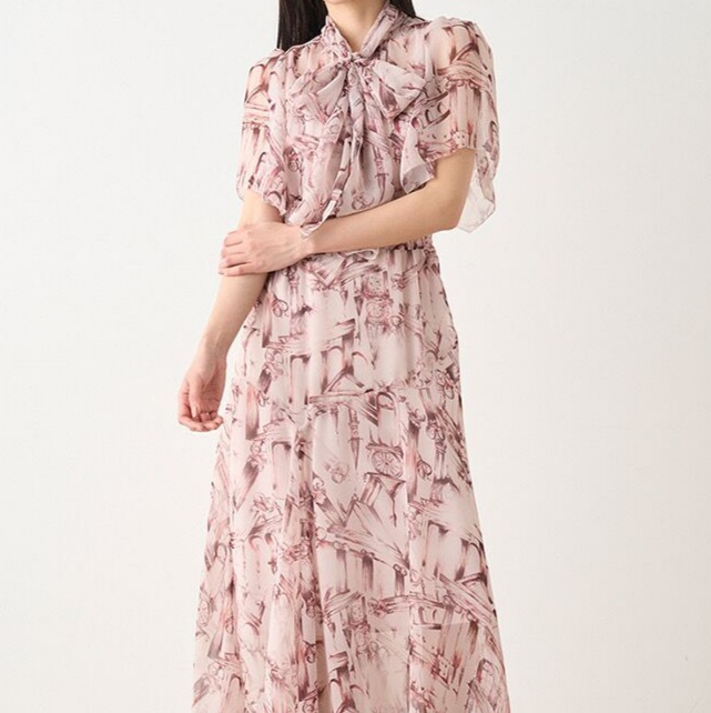 花柄ファッション 優美な襟リボン付き柄プリントシフォンワンピース
