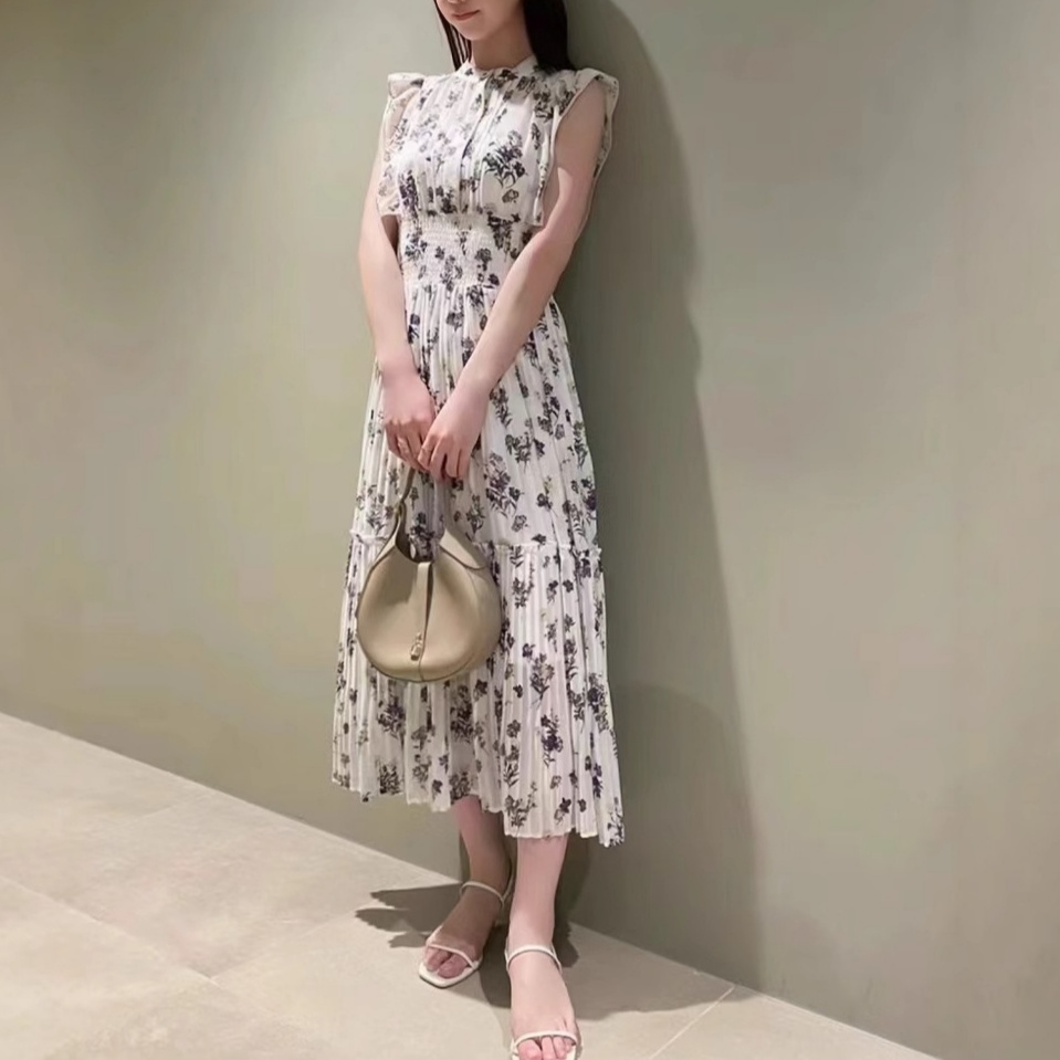 花柄ファッション 胸元プリーツ 花柄シフォンワンピース