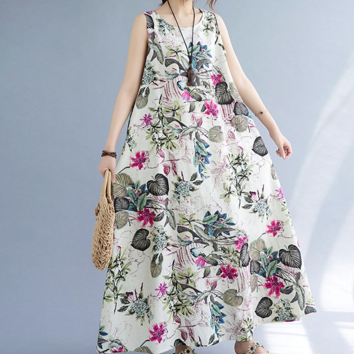 花柄ファッション 爽やか花柄ノースリーブマキシワンピース
