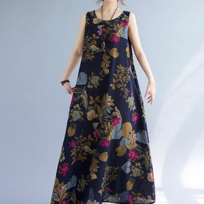 花柄ファッション 爽やか花柄ノースリーブマキシワンピース