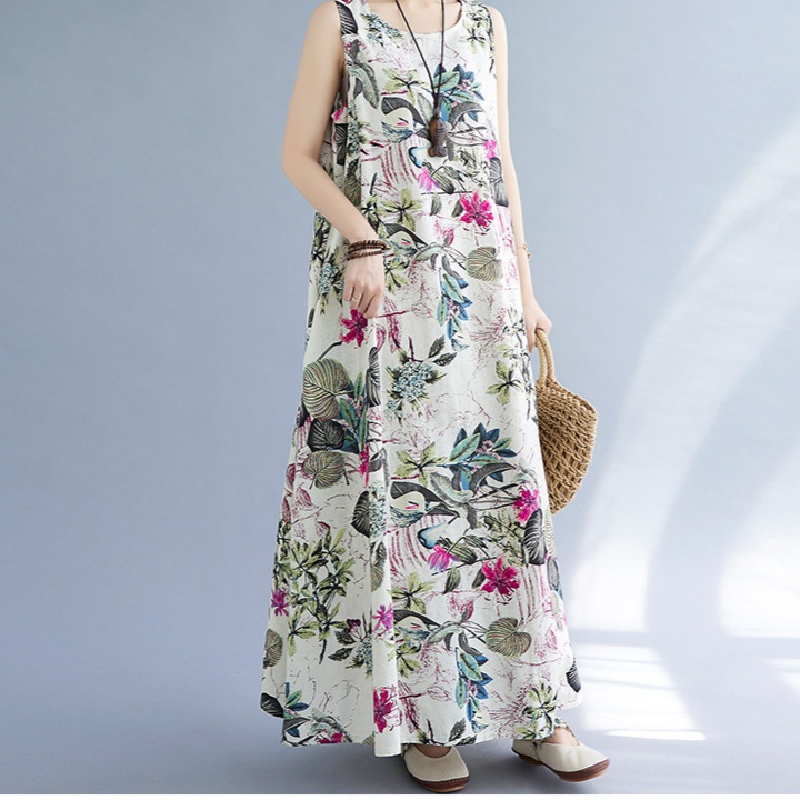 花柄ファッション 爽やか花柄ノースリーブマキシワンピース