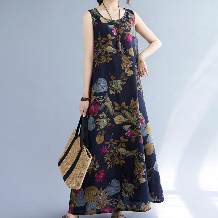 花柄ファッション 爽やか花柄ノースリーブマキシワンピース