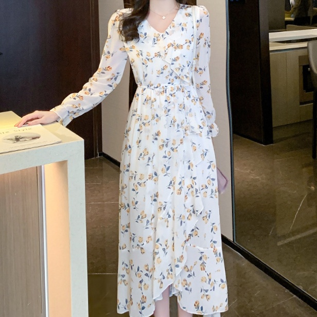 花柄ファッション 優美な花柄シフォン長袖ワンピース