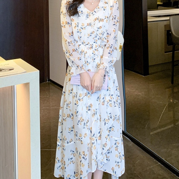 花柄ファッション 優美な花柄シフォン長袖ワンピース